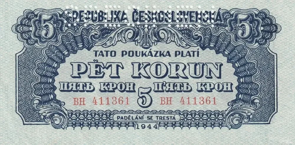 5 Korun 1944 – Londýnská emise (SPECIMEN)